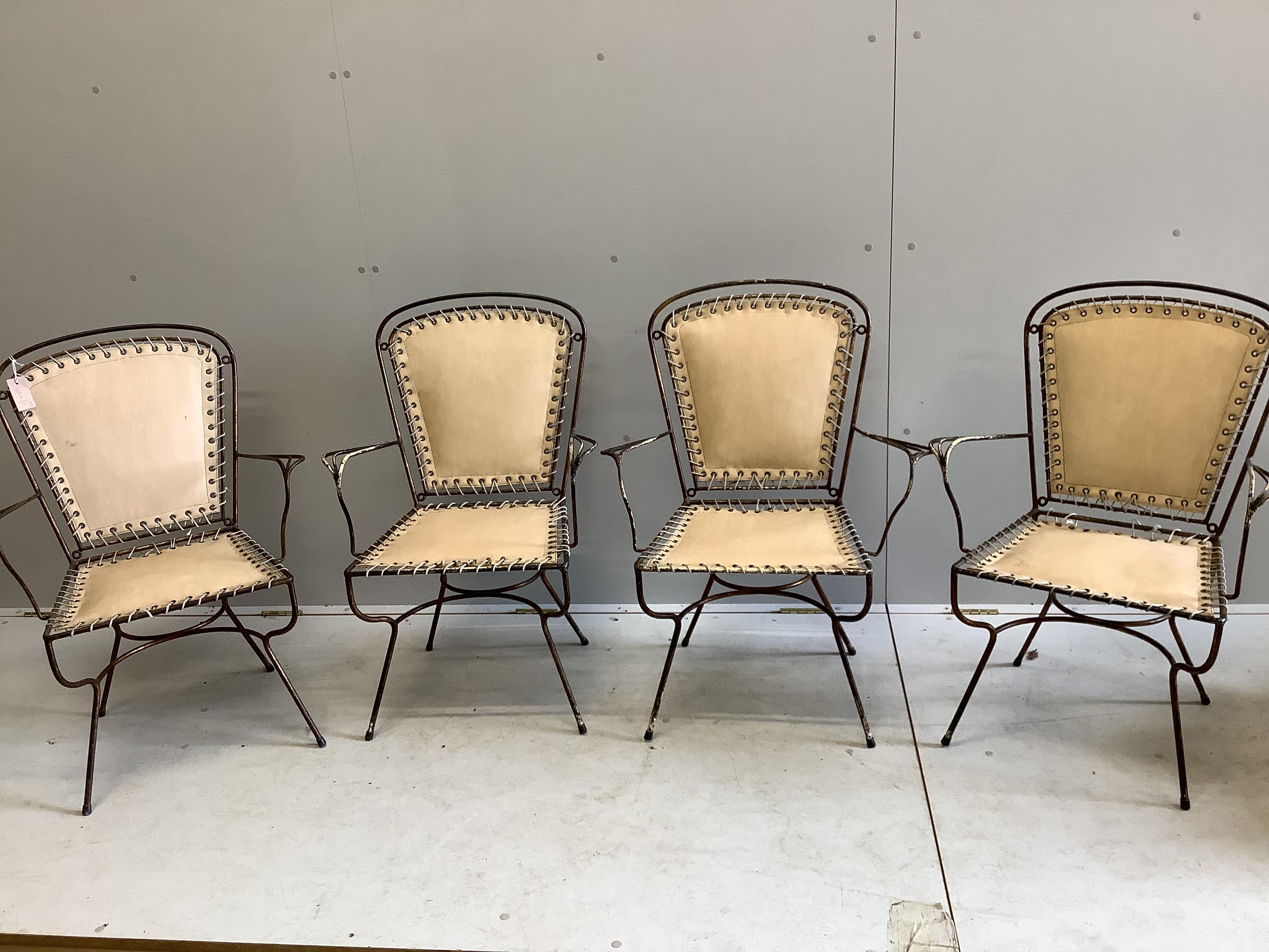 A set of four mid century wrought iron chairs, width 60cm, depth 50cm, height 84cm